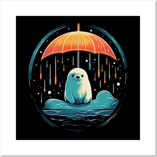 Harp Seal Rainy Day With Umbrella Posters and Art